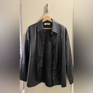 Black Faux Leather Button-Up Jacket